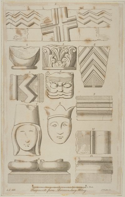 Fragments of stone carving from the Abbey of St Saviour in Bermondsey by James Basire